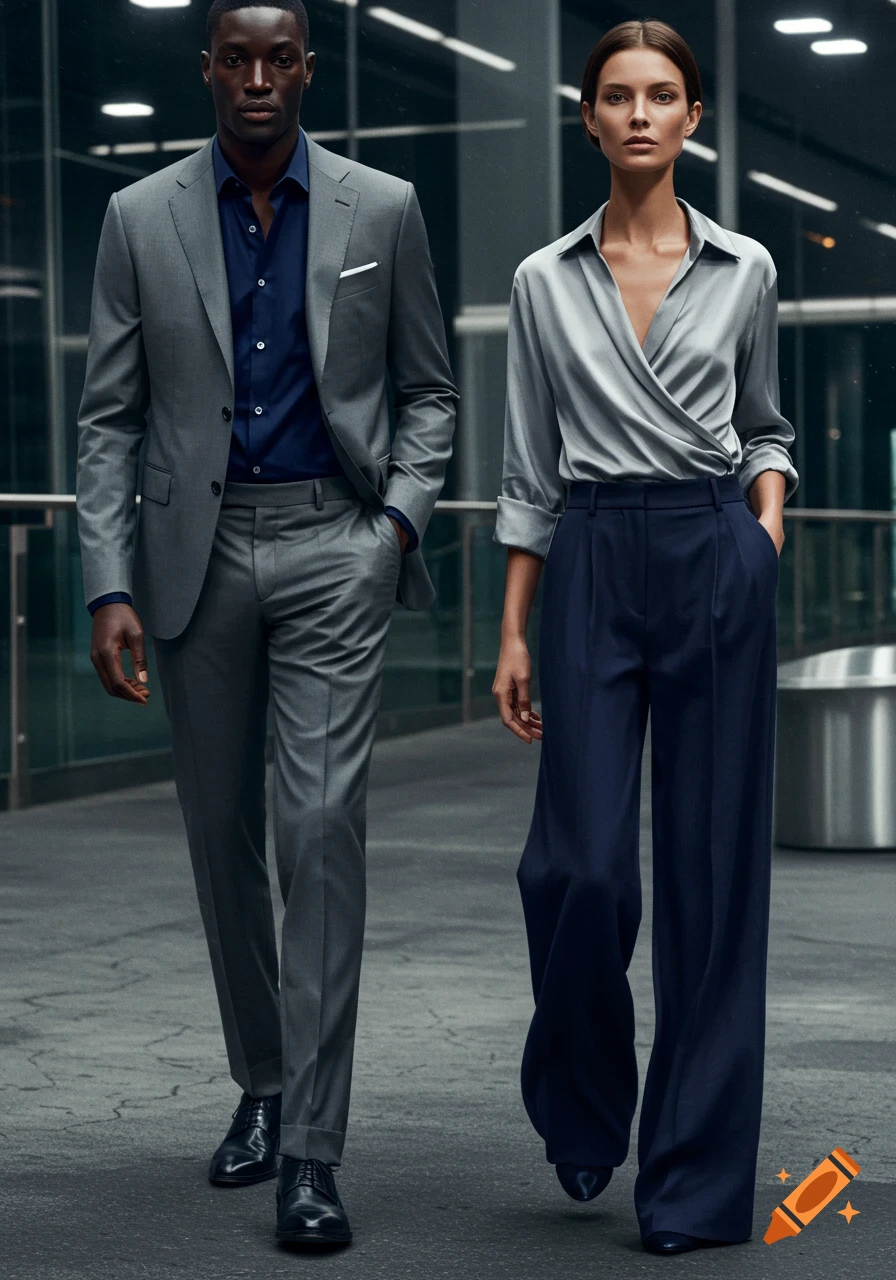 A man in a grey suit and navy shirt walks beside a woman in a grey silky shirt and navy wide-leg pants, in a modern setting.