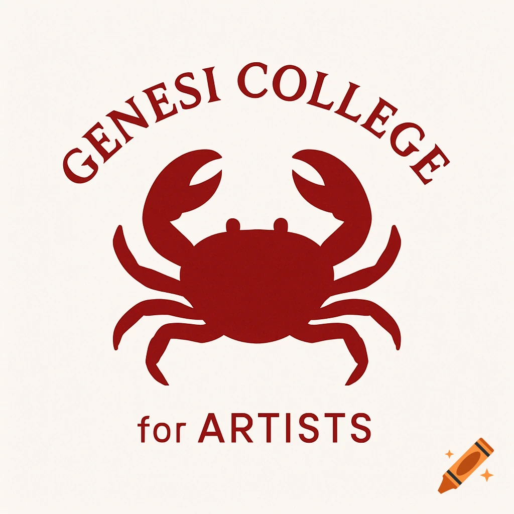 A red crab logo with the words 'Genesi College' above it and 'for Artists' below it on a cream background.
