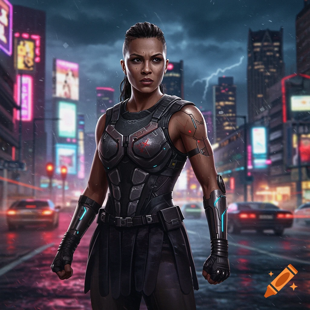 A female warrior in dark futuristic armor stands in a rainy, neon-lit cyberpunk city with lightning in the sky.