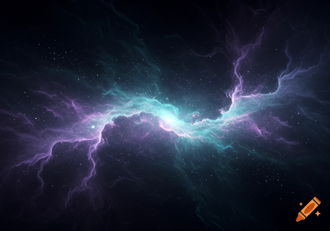 Vibrant purple and teal nebula with bright light surrounded by stars in dark space.
