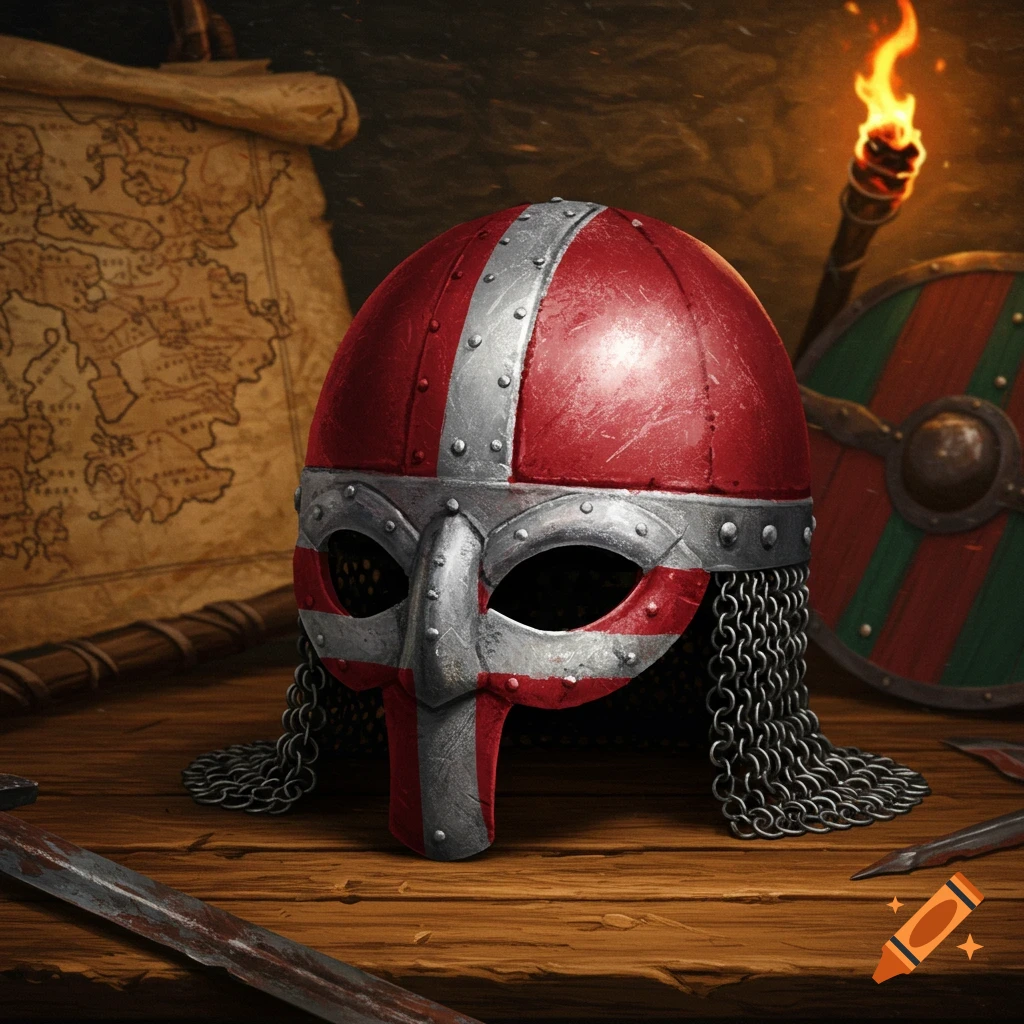 A red and white Viking helmet resembling the Danish flag sits on a wooden table with a map, shield, sword, and torch.