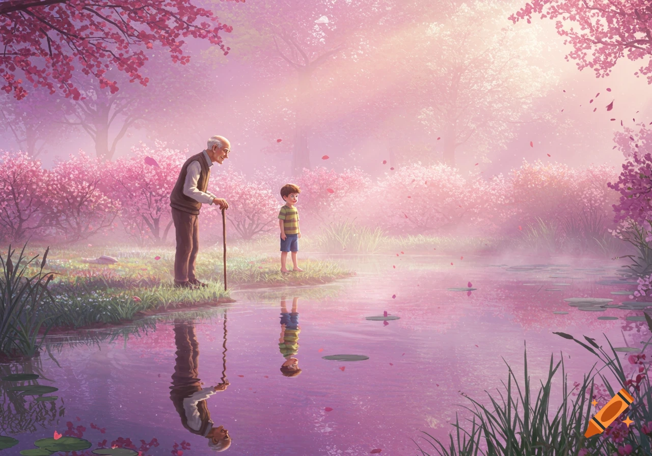 An old man and a young boy stand by a misty pink lake surrounded by blooming cherry blossom trees, in a dreamlike art style.