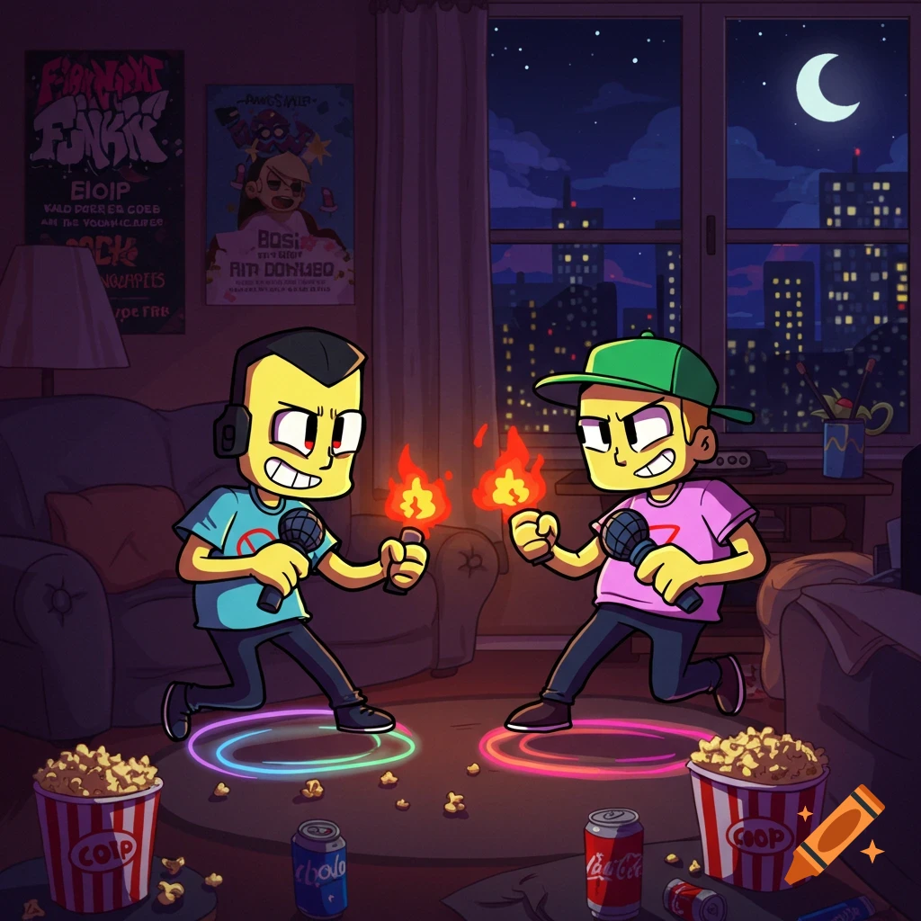 Two cartoon characters, one in blue and one in pink, hold microphones and small flames, standing on glowing rings in a dimly lit living room with city lights visible outside the window at night. Popcorn and soda cans are on the floor.