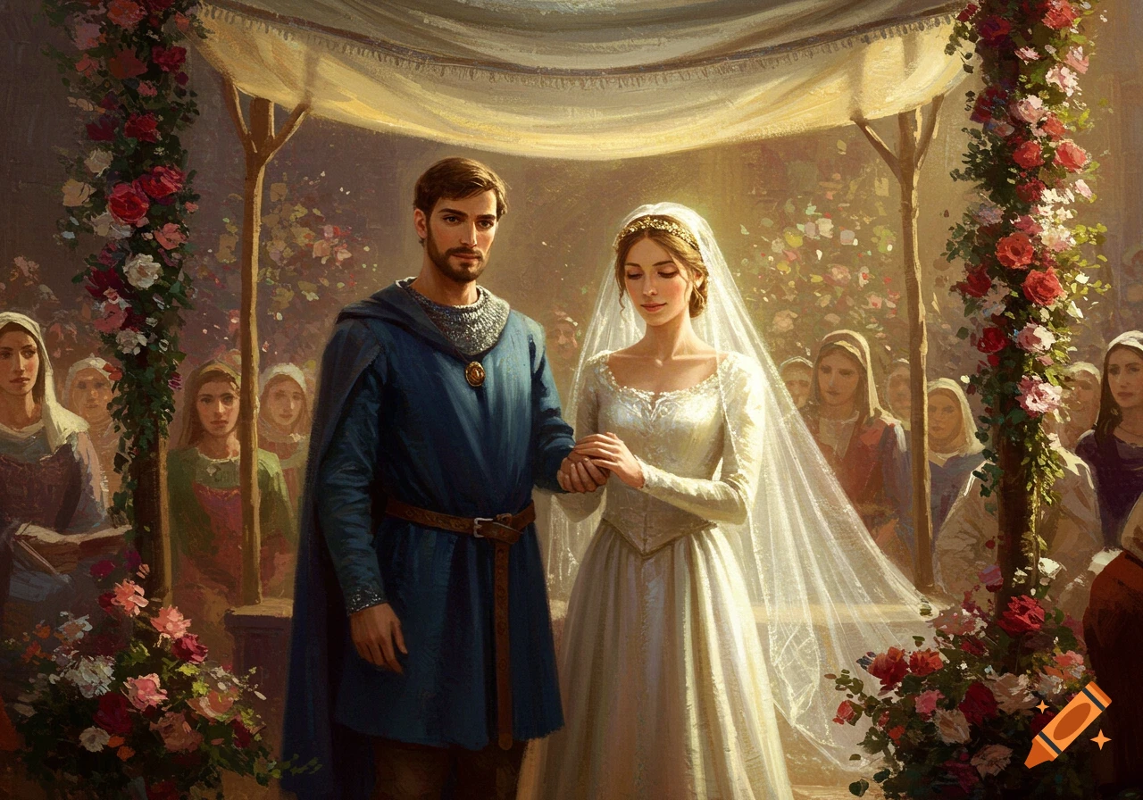An oil painting of a medieval wedding ceremony with a man in blue and a woman in a white dress under a flower-decorated canopy.