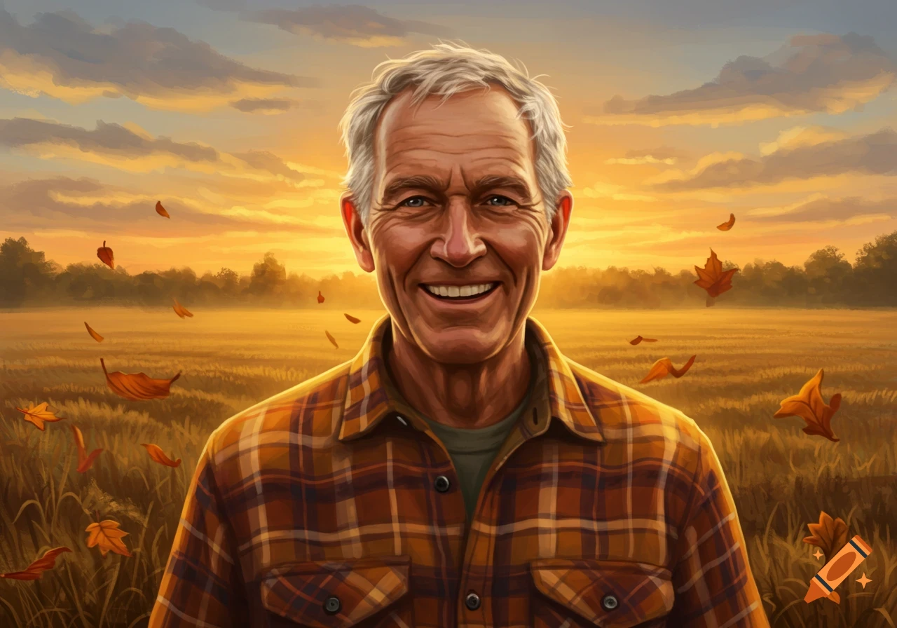 A smiling older man with gray hair in a plaid shirt stands in a golden field with autumn leaves falling at sunset.