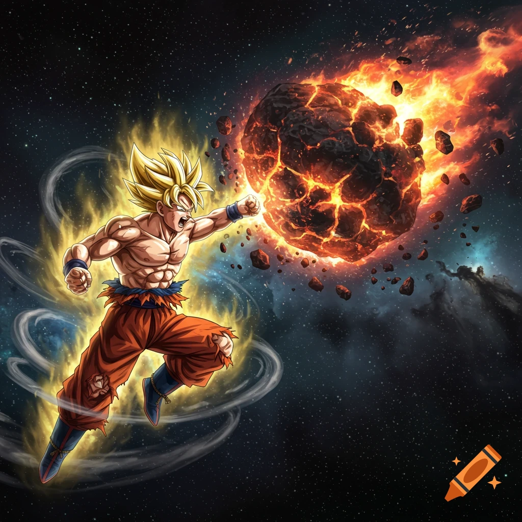 Goku in Super Saiyan form punching a fiery meteor in space with energy radiating around him.