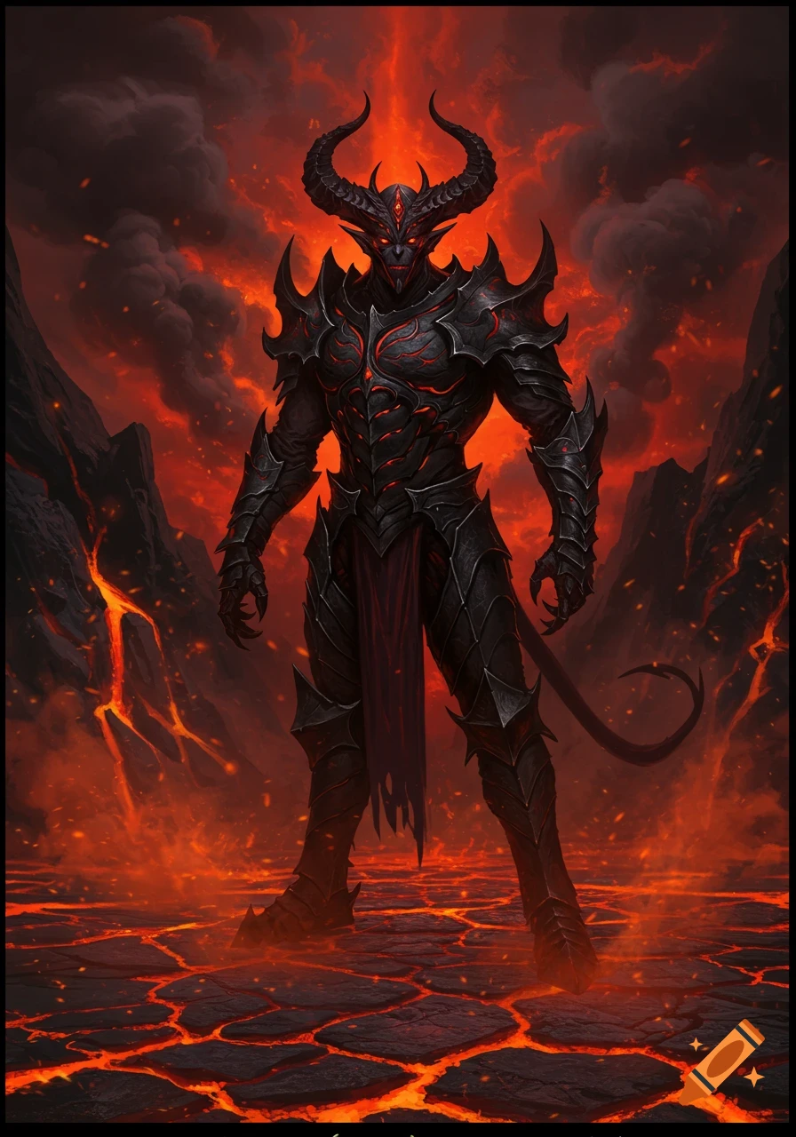 A horned devil in black and red armor stands on glowing lava ground in a fiery, volcanic landscape, digital art.
