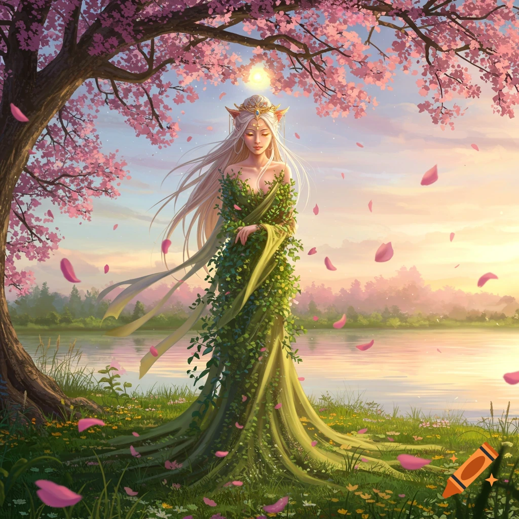 A goddess-like figure with long white hair and a dress made of leaves stands by a lake under a blooming cherry blossom tree at sunrise, with petals falling.