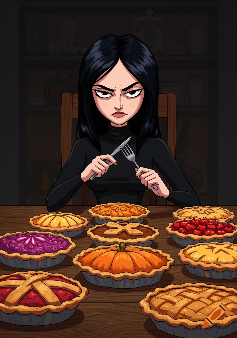 A cartoon woman with black hair and a serious, angry expression holds a knife and fork, sitting at a table filled with many different pies.