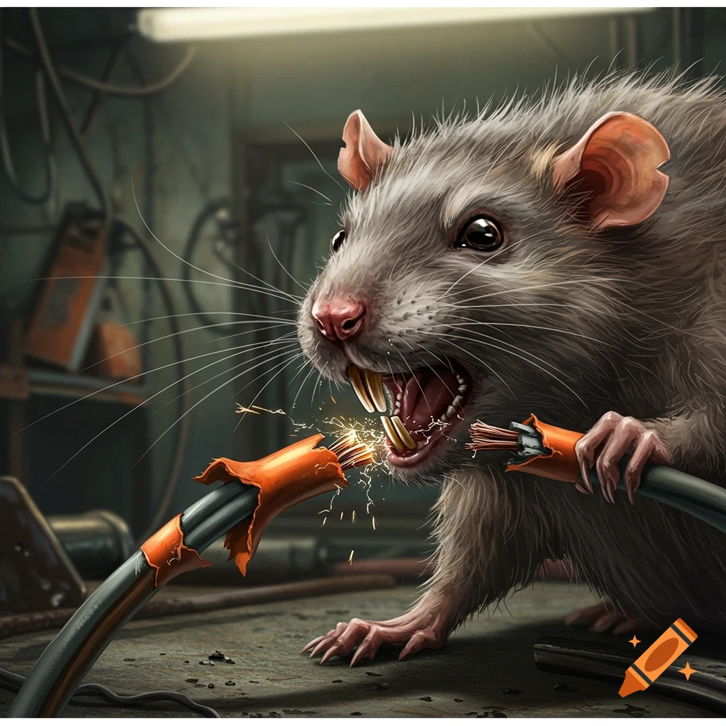 A detailed illustration of a hairy rat with long teeth chewing through an orange electrical wire, causing sparks to fly in a dark industrial setting.