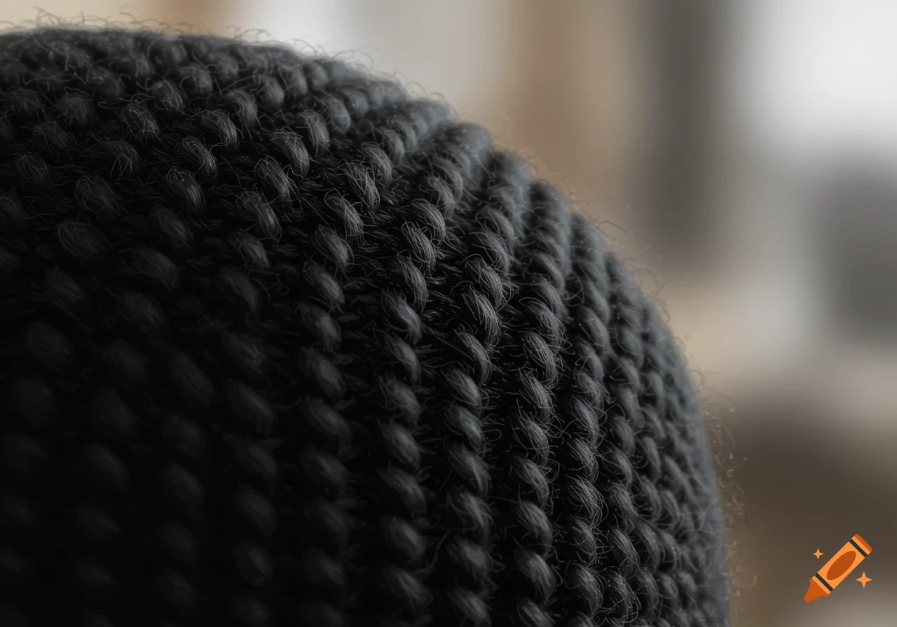 Close-up of a black knitted fabric texture, showing individual loops and fibers in sharp detail.