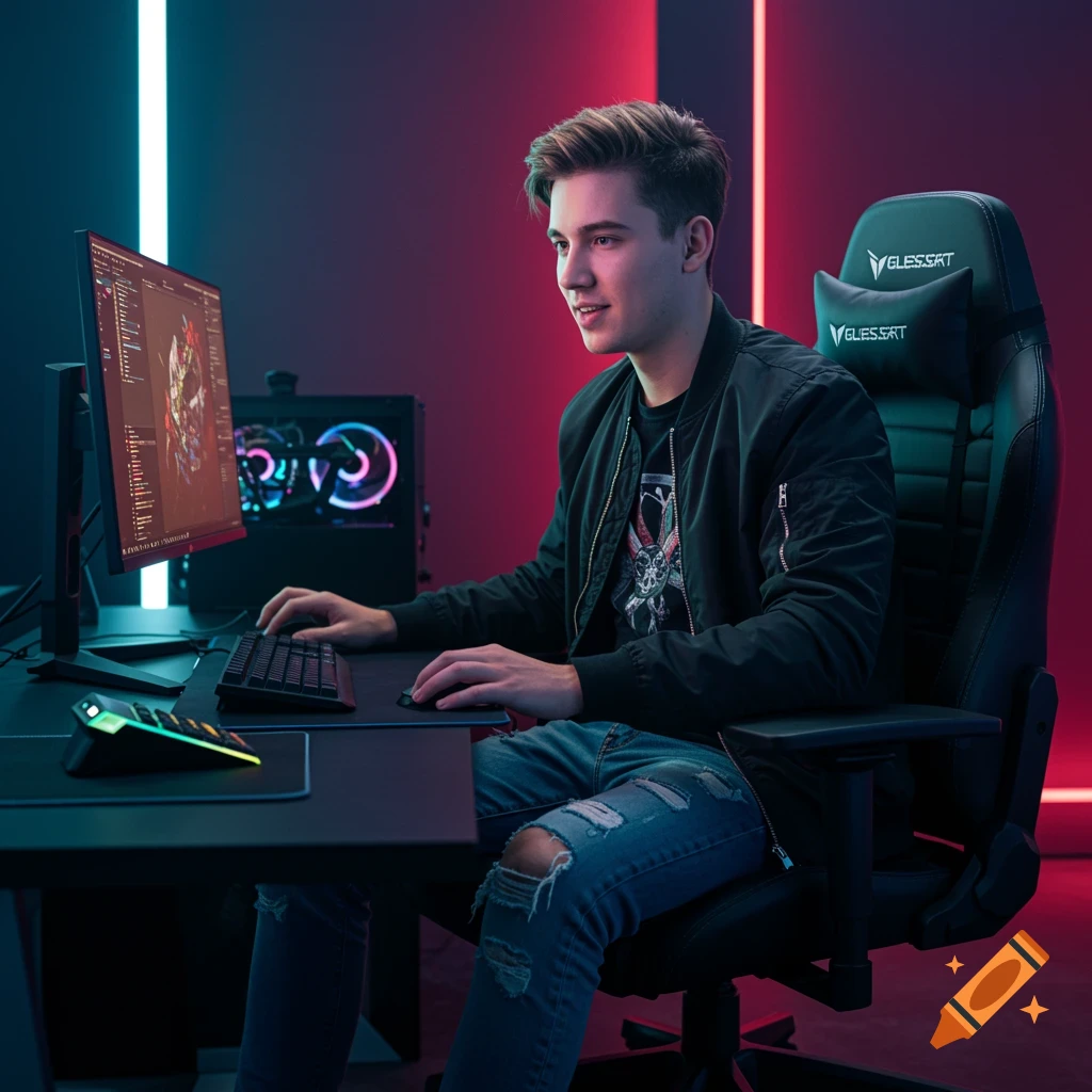 A young man with light brown hair sits at a desk with a gaming computer and keyboard, wearing a bomber jacket and ripped jeans, illuminated by blue and red neon lights in a dark room.