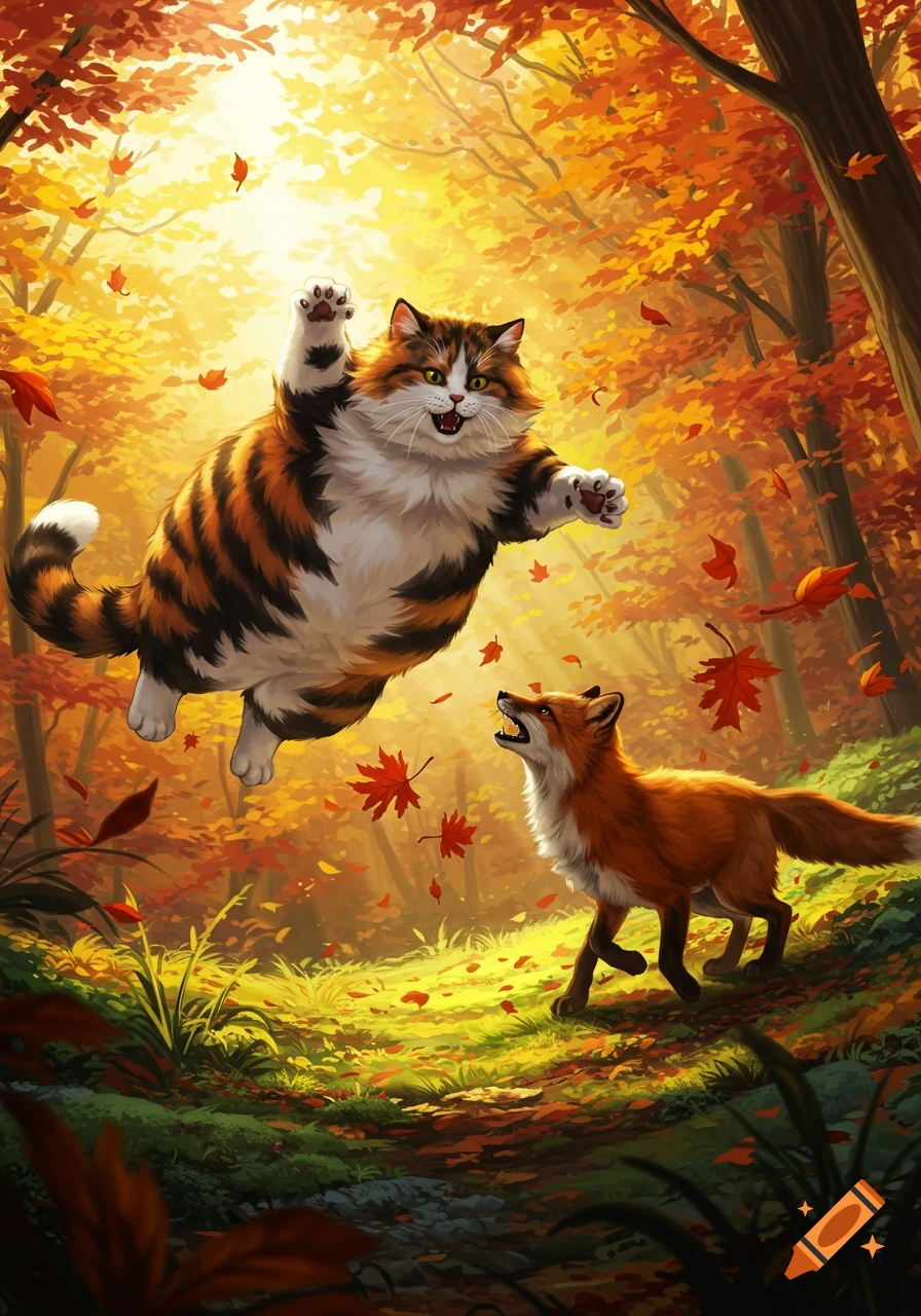 A fluffy, striped cat jumps towards a fox in a brightly lit autumn forest with falling leaves. Illustrated.