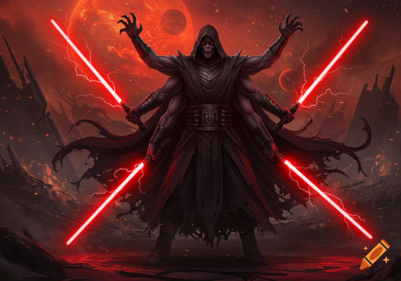 A menacing four-armed Sith-like villain in a dark hooded robe wields four glowing red lightsabers on a fiery, desolate planet with red moons.