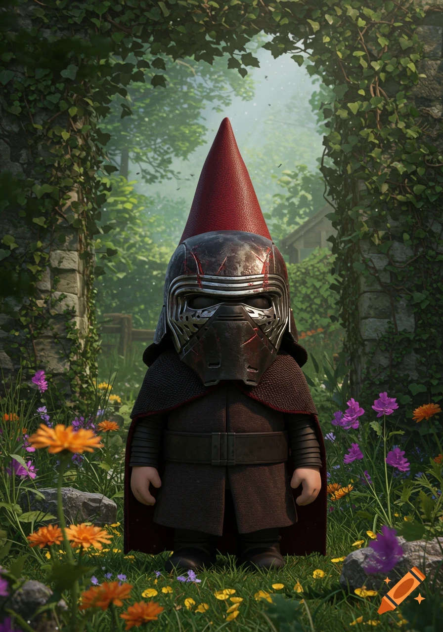 A photorealistic 3D render of a garden gnome wearing a Kylo Ren helmet, standing amidst vibrant wildflowers and ivy-covered arches.