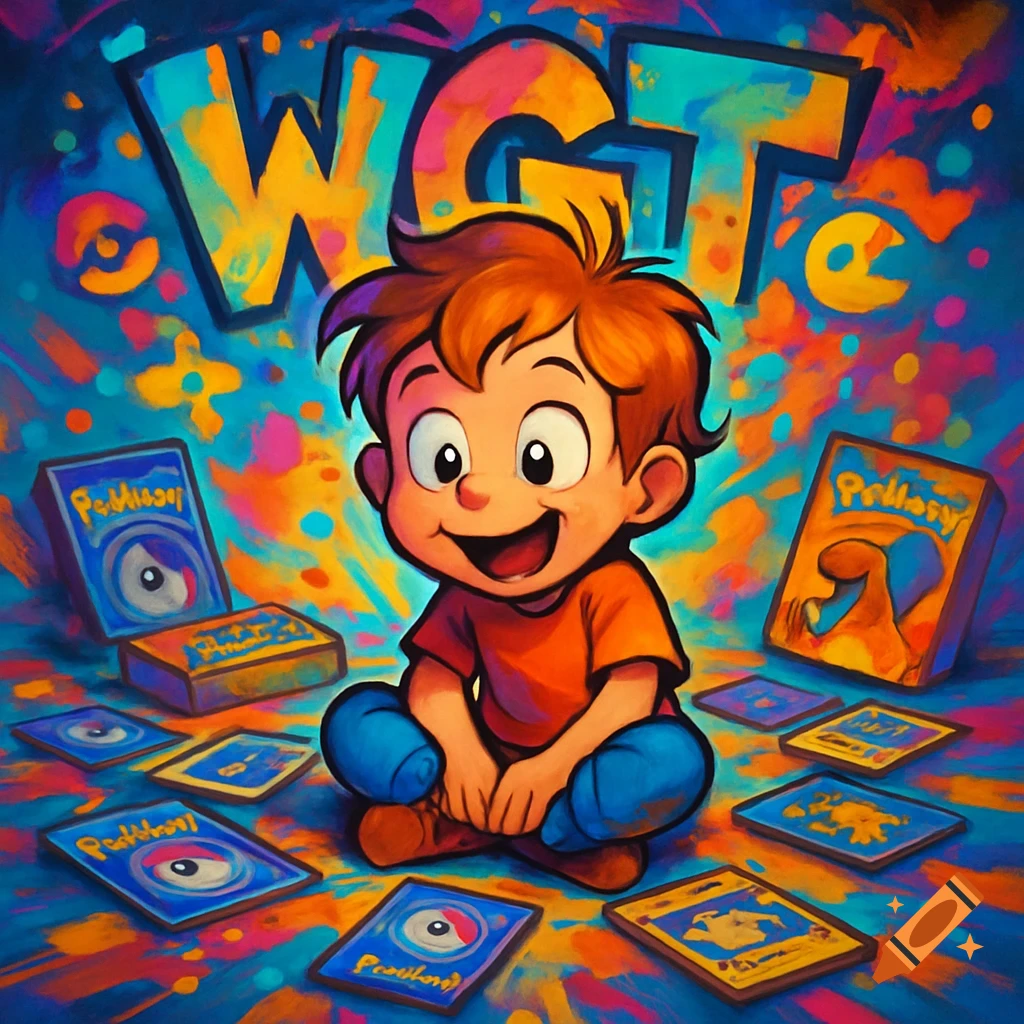 A cartoon child with orange hair and a red shirt sits surrounded by colorful game cards and boxes, with large "WGT" letters above them, all in a vibrant, painterly style.