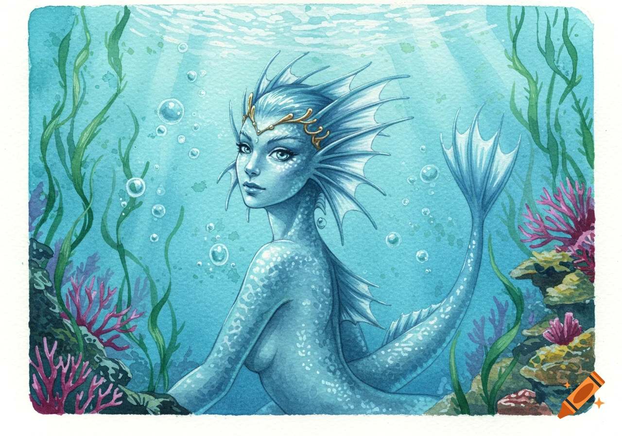 A blue-skinned aquatic elf with fins and scales, wearing a golden tiara, swims underwater among green seaweed and pink coral, in a watercolor style.