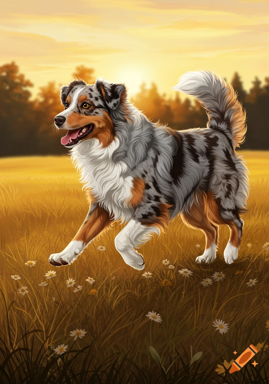 A happy Australian Shepherd with merle and brown fur runs through a golden field with white daisies at sunset. Digital painting.