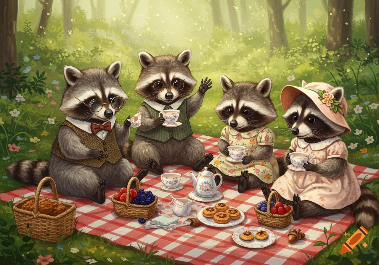 Four anthropomorphic raccoons dressed in clothes having a picnic with tea and pastries in a green forest setting.
