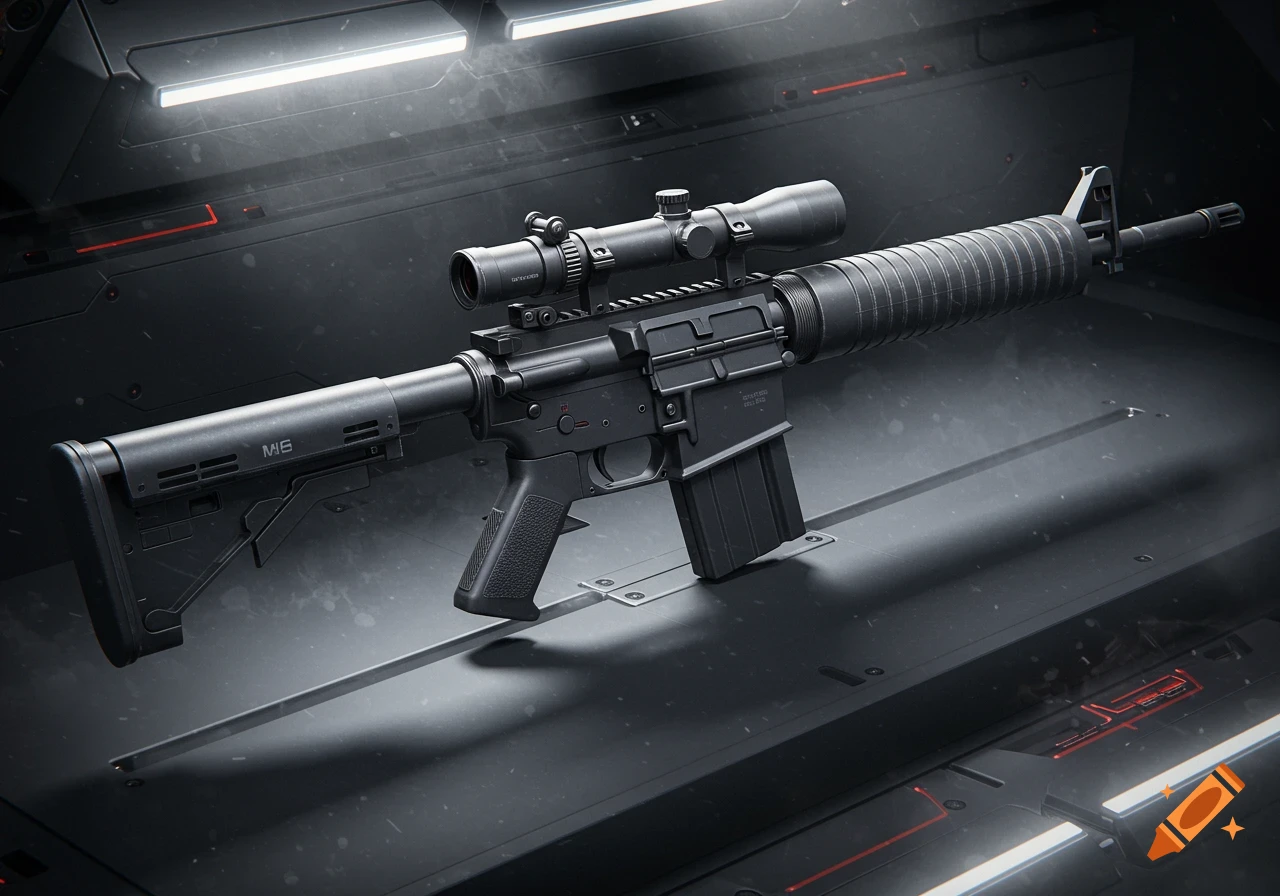 A detailed, photorealistic render of an M16 rifle with a scope, resting on a dark, futuristic metal surface with glowing red accents.