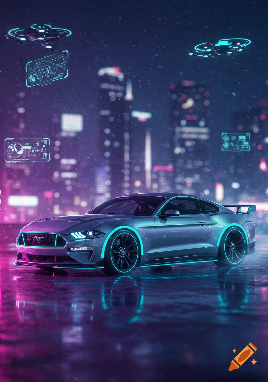 A sleek, futuristic Ford Mustang GT with neon blue lights on its wheels and body, parked on a wet street in a neon-lit cyberpunk city at night with floating holographic displays and drones.