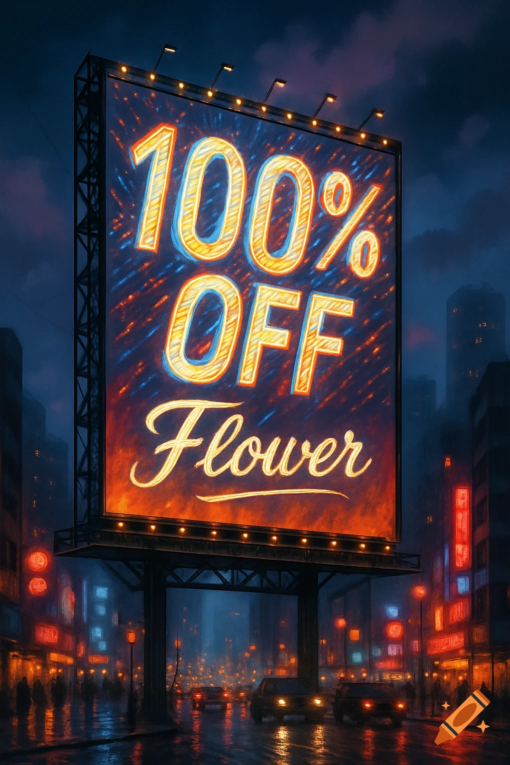 A large, glowing billboard in a dark city street at night reads '100% OFF Flower', with city lights reflecting on the wet ground.