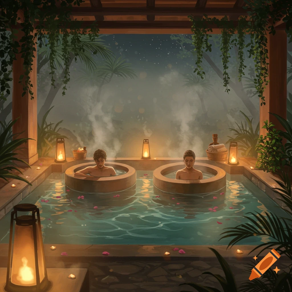 Illustration of two people relaxing in separate wooden tubs within a tranquil outdoor spa at night, surrounded by lush greenery and lanterns.