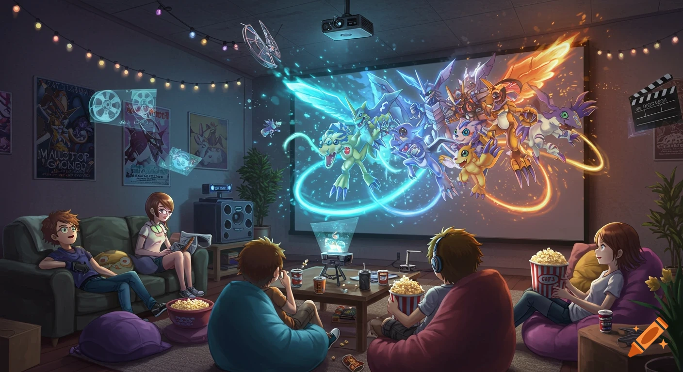 A group of friends watches a Digimon movie marathon projected onto a large screen in a dimly lit room, eating popcorn.