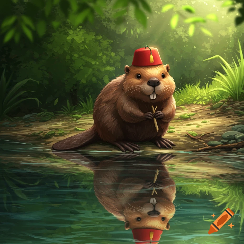 A cartoon beaver wearing a red fez sits by a stream in a lush green forest, looking at its reflection in the water.