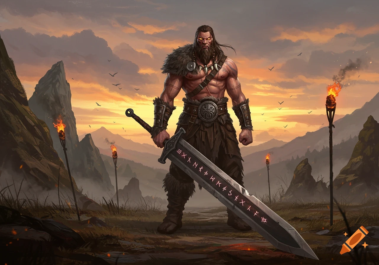 A majestic barbarian with long hair and a beard, wearing fur armor and holding a large sword inscribed with runes, stands in a mountain landscape at sunset with burning torches.