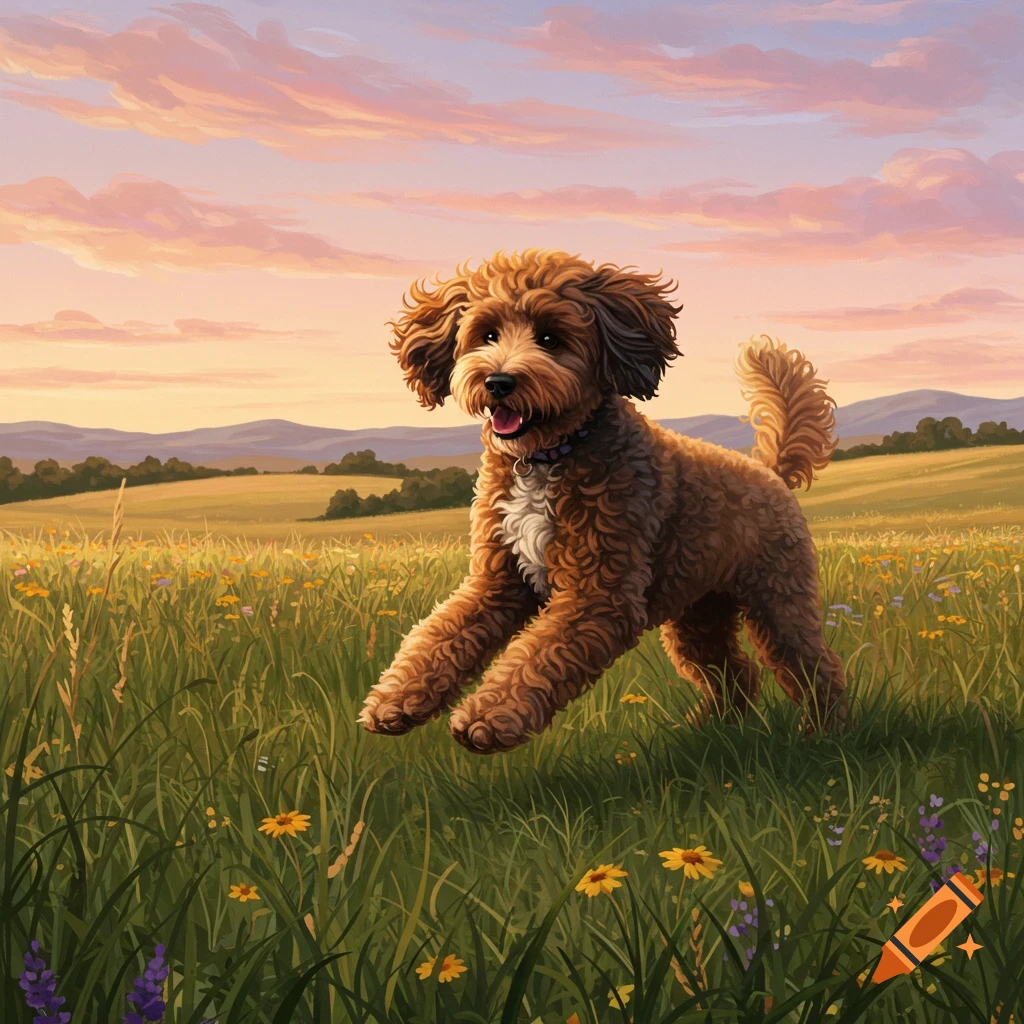 A fluffy brown dog leaps happily through a sunny field of green grass and wildflowers at sunset.