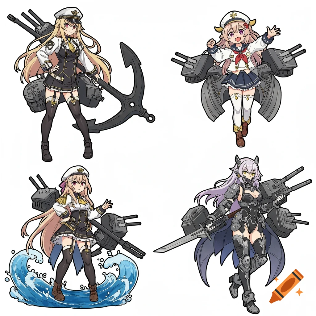 Four anime-style female characters in naval-inspired uniforms with ship armaments, an anchor, and waves, illustrated on a white background.