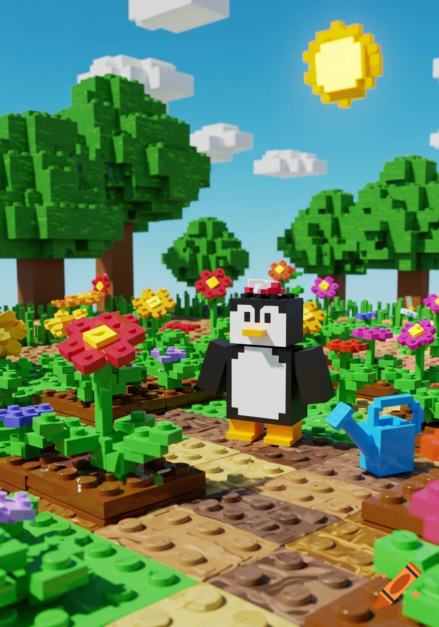 A blocky penguin character with a red and white hat stands in a vibrant block-based garden with colorful flowers and green trees, under a blue sky with block clouds and a pixelated sun. A small blue watering can is nearby.
