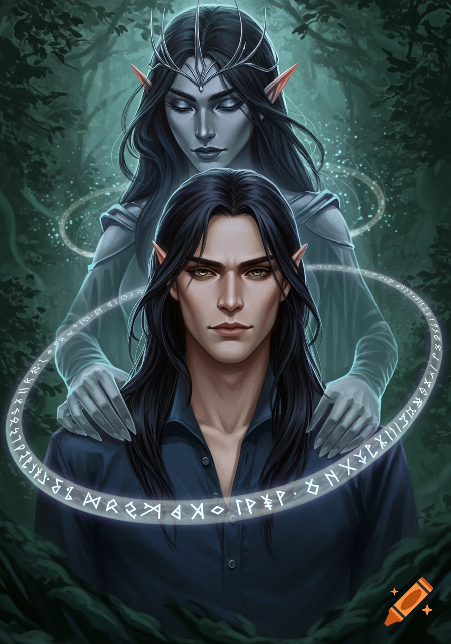 A young man with long black hair and pointed ears stands, surrounded by a magical aura of glowing runes, with a transparent elven woman behind him in a forest.