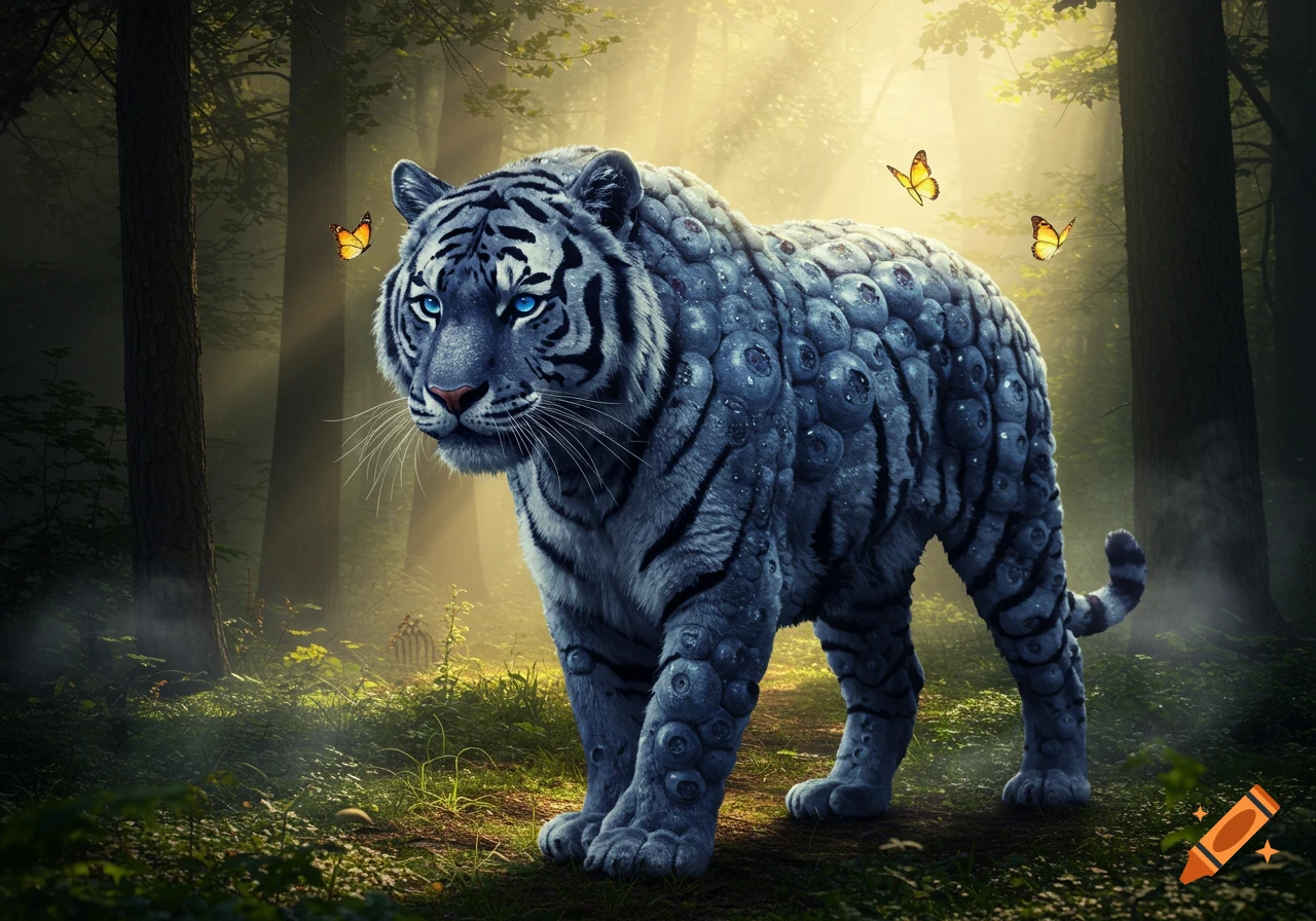 A fantastical white tiger, its body composed of blueberries, stands in a misty, sunlit forest with butterflies.