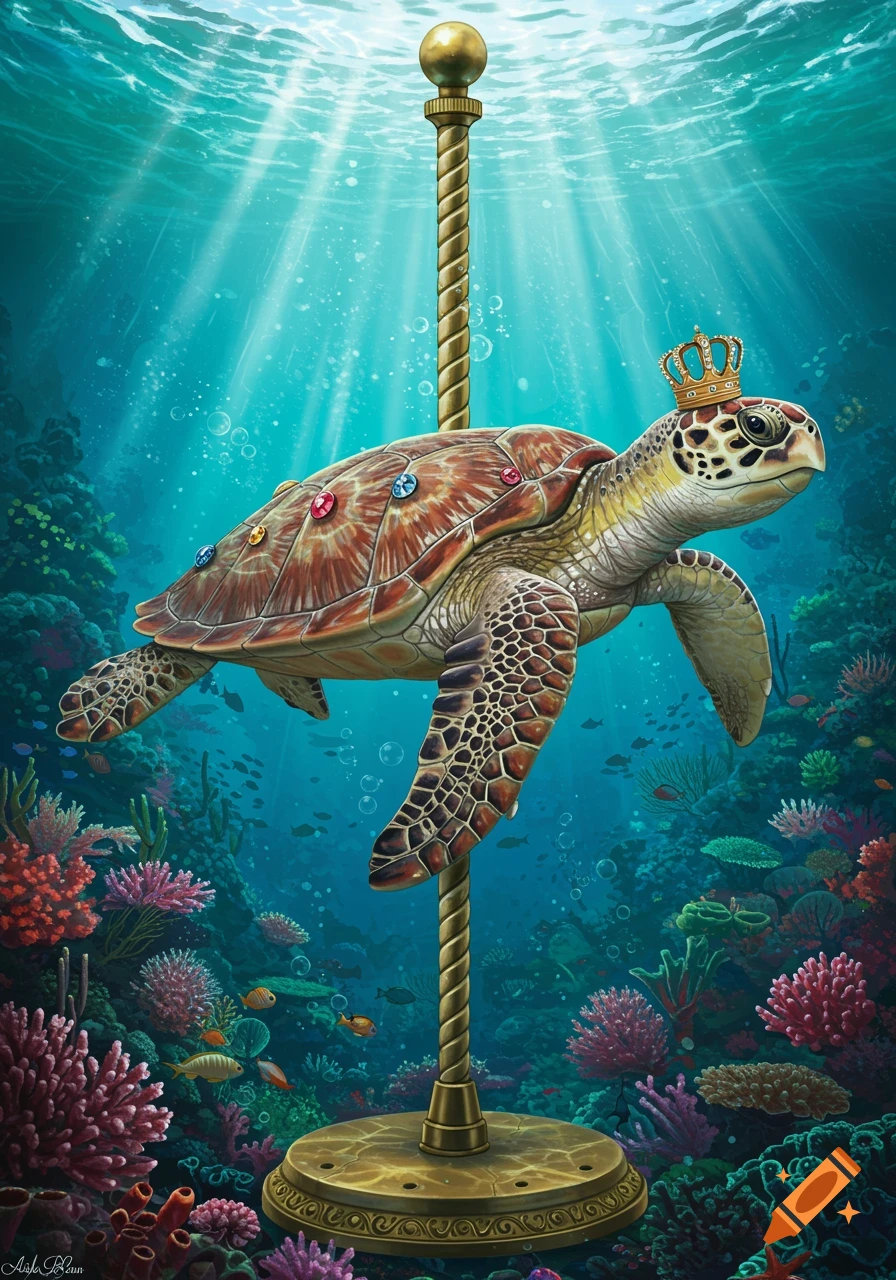 A majestic sea turtle, wearing a golden crown, mounted on a golden carousel pole in a vibrant underwater coral reef.