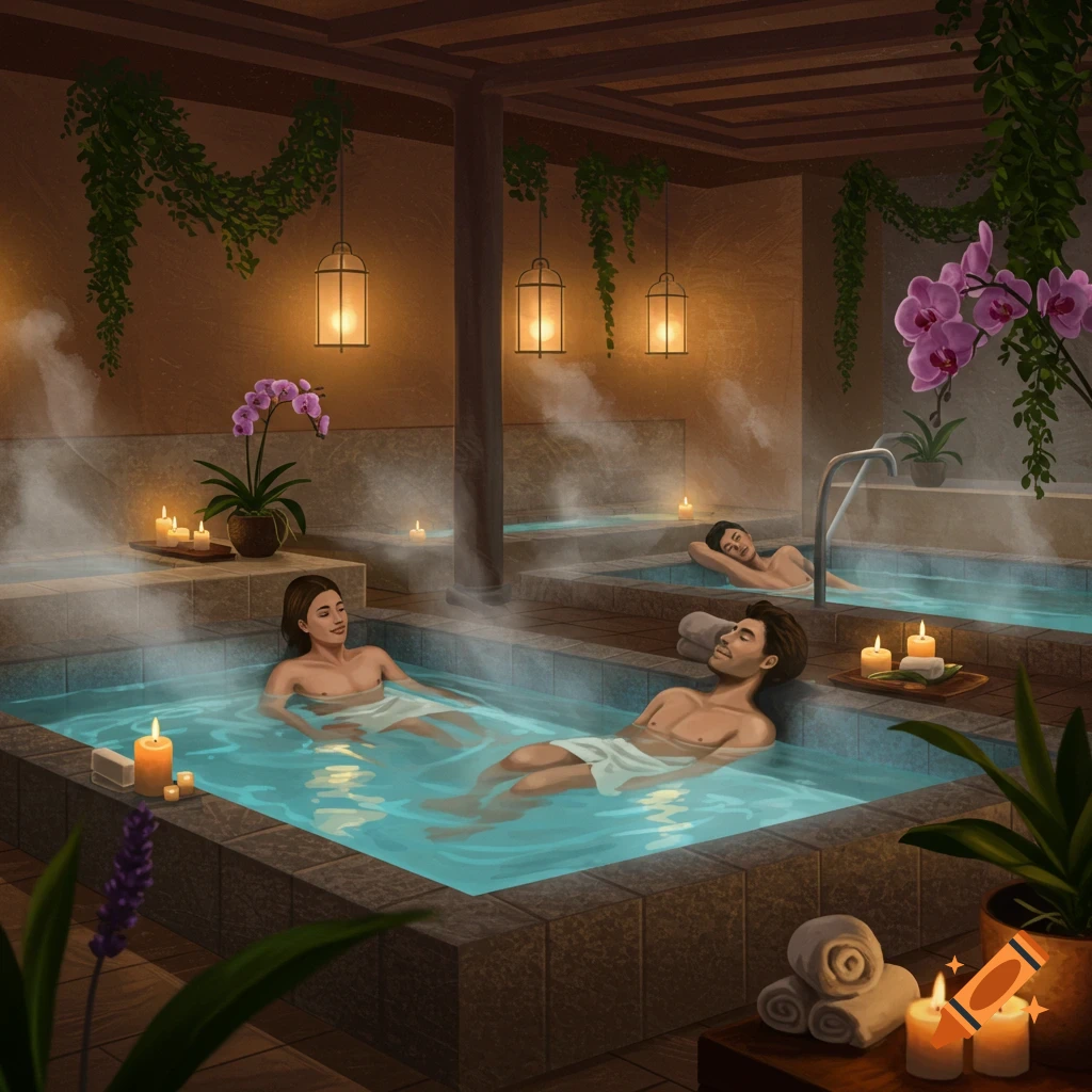 Two couples relax in separate steaming hot tubs in an indoor spa adorned with lanterns, potted orchids, and hanging vines. Candles glow around the tubs.