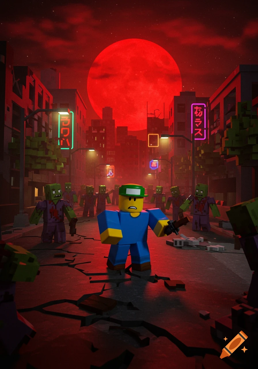 A Roblox noob character in blue and yellow holds a weapon, facing a horde of green zombies in a blocky city under a large red moon.