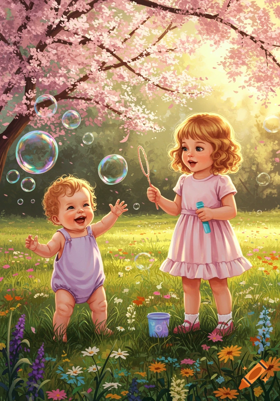 Two young children play with bubbles in a vibrant, sunlit field filled with wildflowers under pink cherry blossom trees, illustrated.