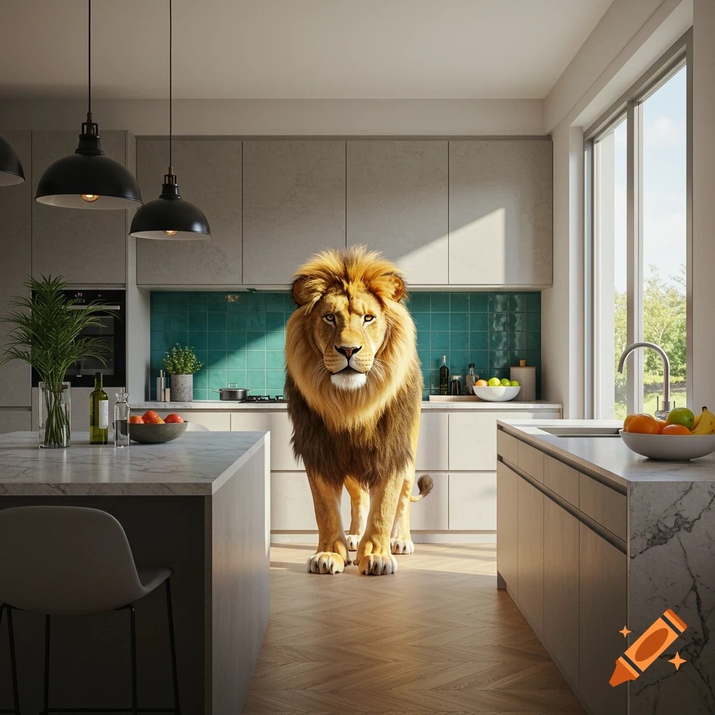 A photorealistic image of a large lion standing in the middle of a modern kitchen.