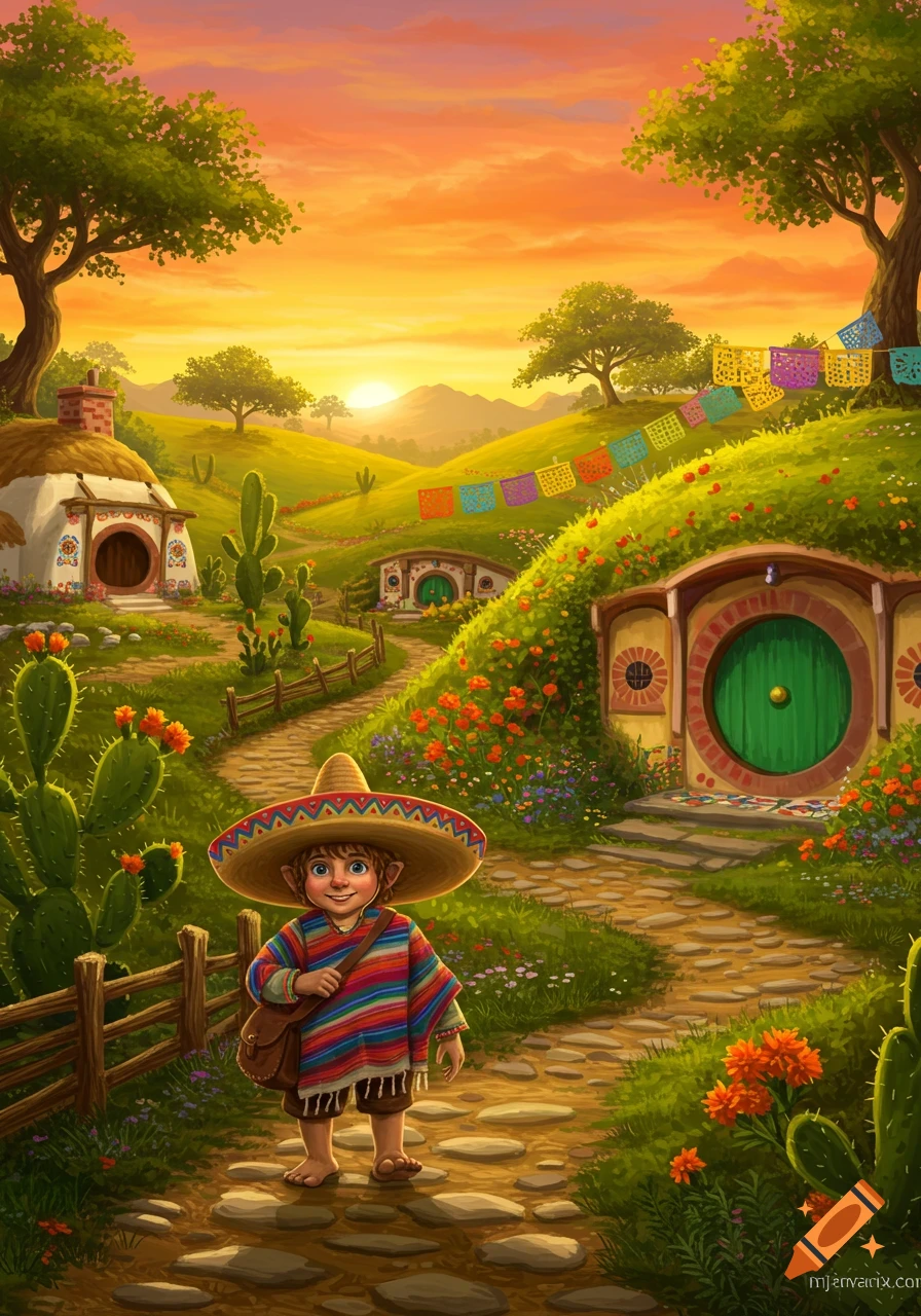A whimsical illustration of a hobbit-like character in a sombrero and serape on a stone path in a vibrant, sunset landscape with hobbit holes and cacti.