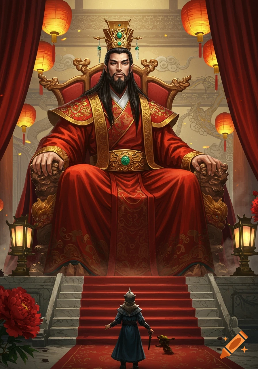 A gigantic, regal man in red Chinese robes and a gold crown sits on an ornate throne, with a small figure standing before him.