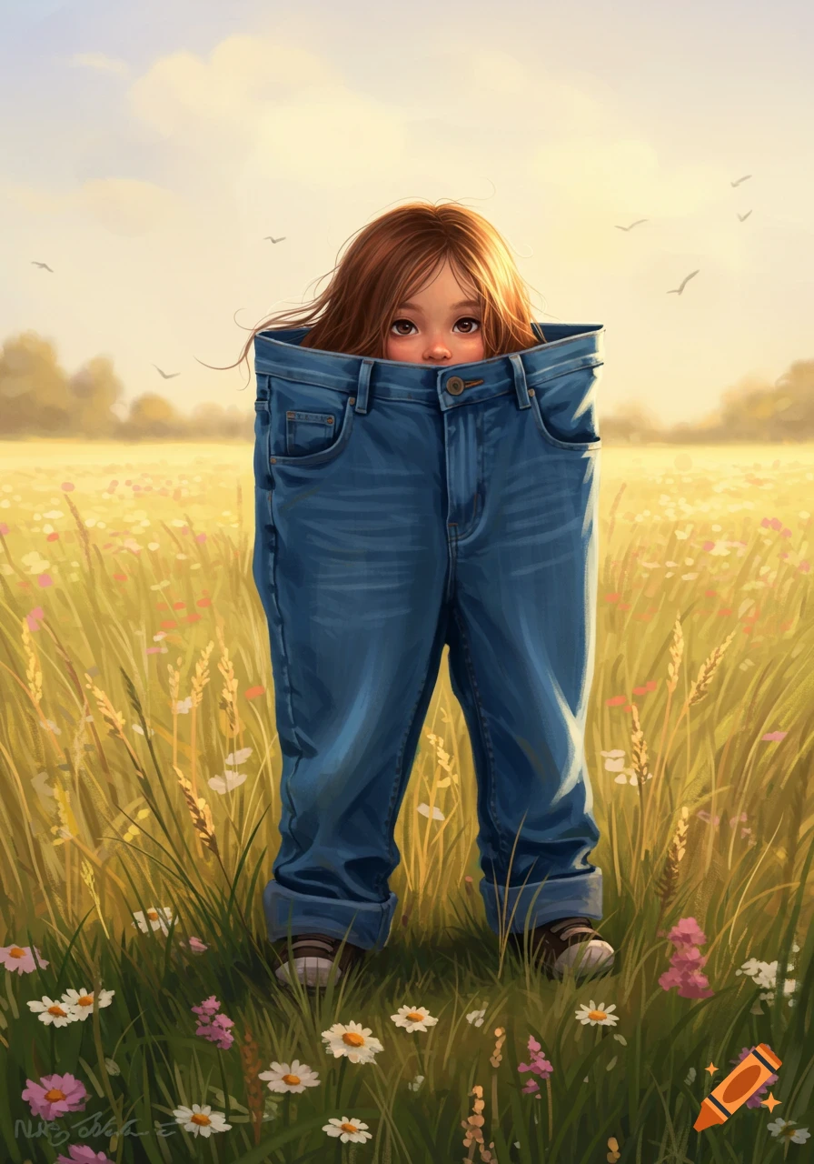 A whimsical illustration of a small girl peeking out from oversized blue jeans in a sunny field of wildflowers and tall grass.