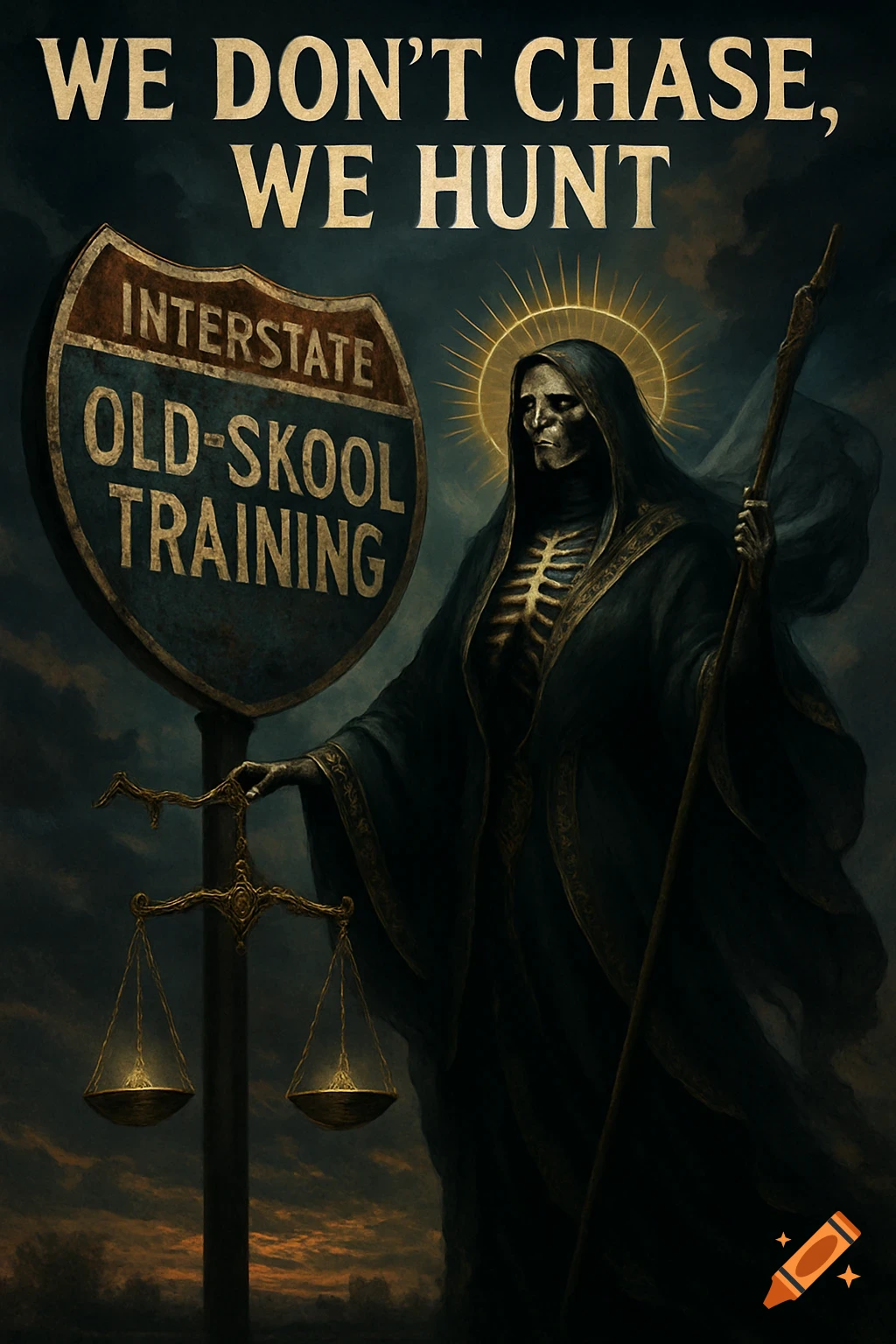 Santa Muerte, a skeletal figure in a dark cloak, holds scales and staff beside a weathered 'OLD-SKOOL TRAINING' sign, with 'WE DON'T CHASE, WE HUNT' above.