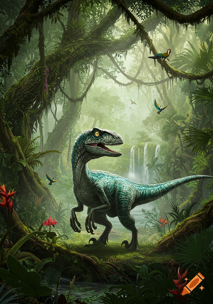 A detailed blue-green raptor stands in a lush tropical jungle with a waterfall in the background and birds flying.