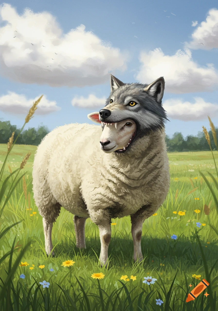 An illustrative image of a white sheep standing in a green field with wildflowers, wearing a gray wolf's head as a hat.