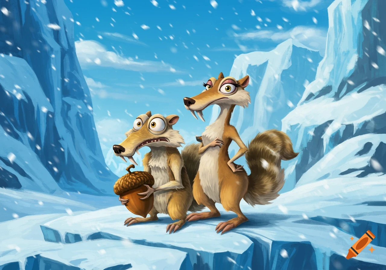 Scrat and Scratte from Ice Age stand in a snowy, icy mountain landscape, with Scrat holding an acorn.