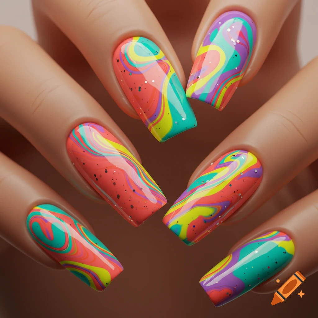 Close-up of hands with vibrant, glossy, multi-colored marbled nail polish featuring abstract designs and glitter specks.