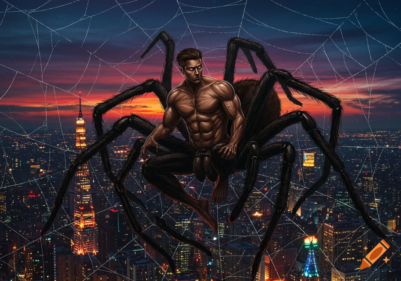 A muscular man with a spider's body sits atop a city at dusk, framed by spiderwebs.