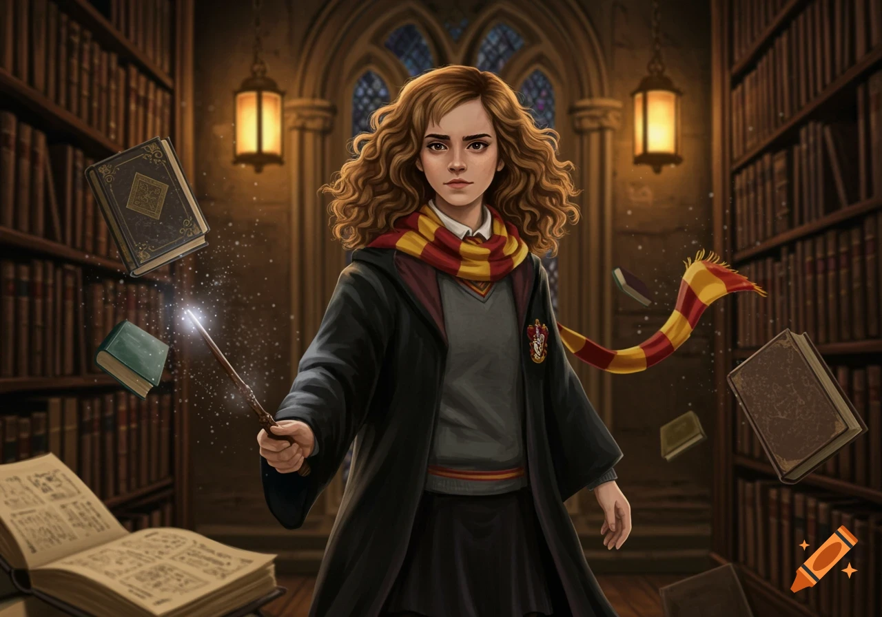 A young Hermione Granger with curly brown hair in Hogwarts robes, holding a glowing wand in a magical library with levitating books. Art style.
